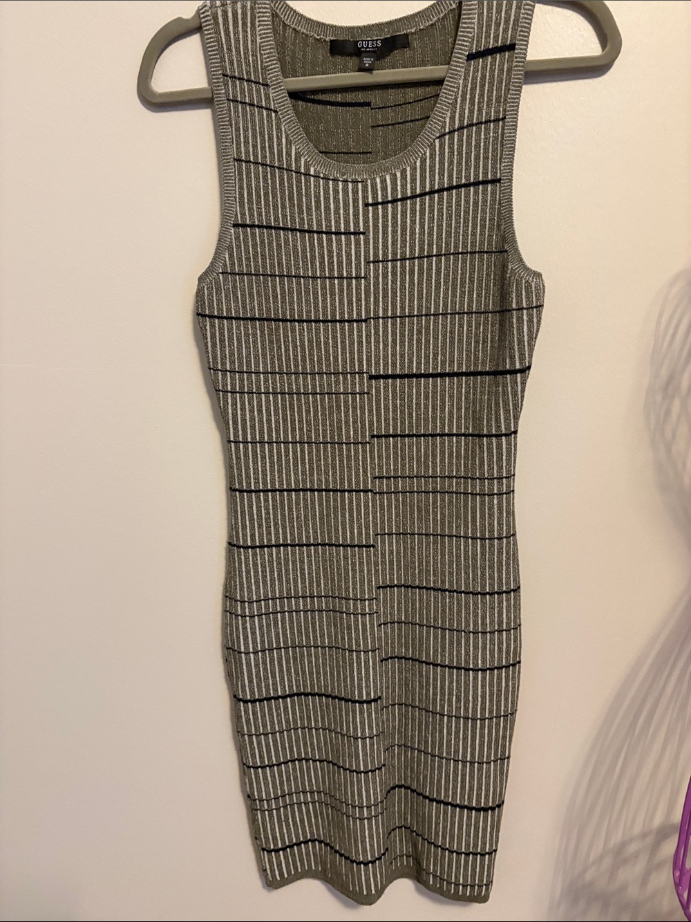 GUESS Olive Green Ribbed Tank Dress with Black Stripes